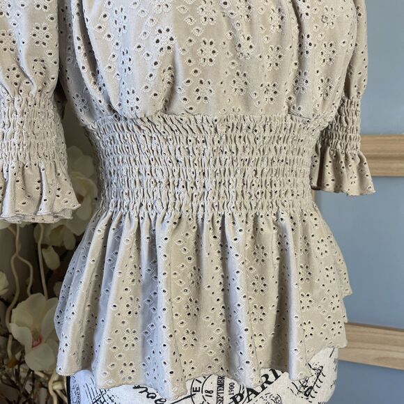 Urban Romantics Peasant Blouse Size L Smocked Off Shoulder Eyelet Embroidered - Picture 3 of 7